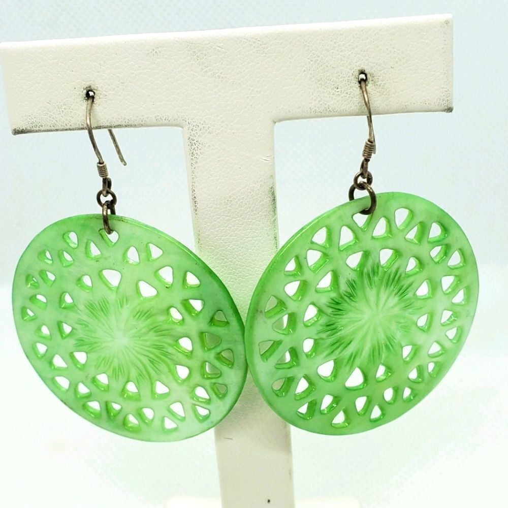 Green Mother of Pearl Carved Cutout Flower Earring